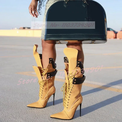Yellow Lace-Up Knee High Stiletto Boots Women Multi-Strap Pointed Toe Fold Over High Heels Boots Female Party Street Style