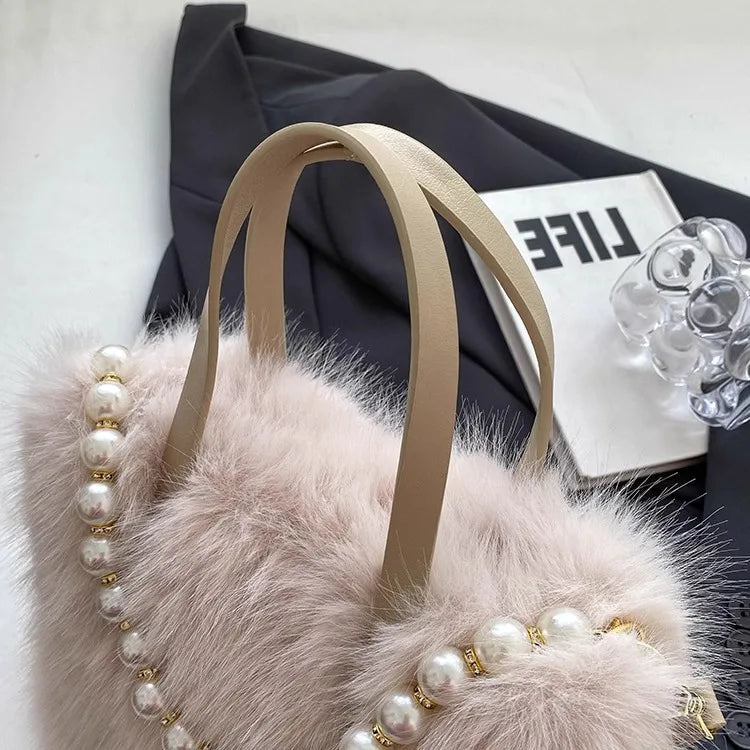 Winter Fashion Faux Fur Crossbody Bags for Women's Gift, Pearl Chain Decor Shoulder Bag, Ladies Handbags Top-handel Bag