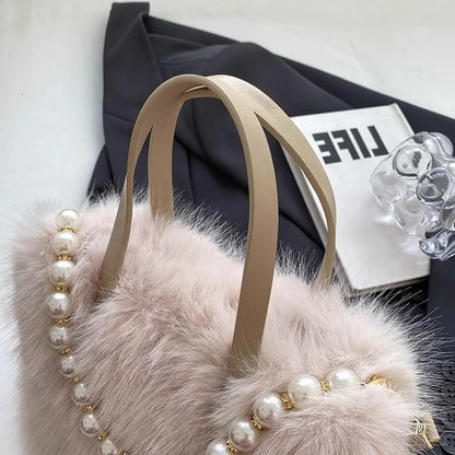 Winter Fashion Faux Fur Crossbody Bags for Women's Gift, Pearl Chain Decor Shoulder Bag, Ladies Handbags Top-handel Bag