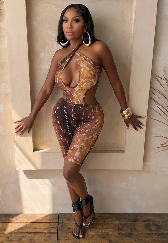 FAGADOER Deer Print Sexy Hollow Out Romper Hot Girl Bandage Halter Shorts Backless Bodycon Jumpsuits New Trendy Streetwear