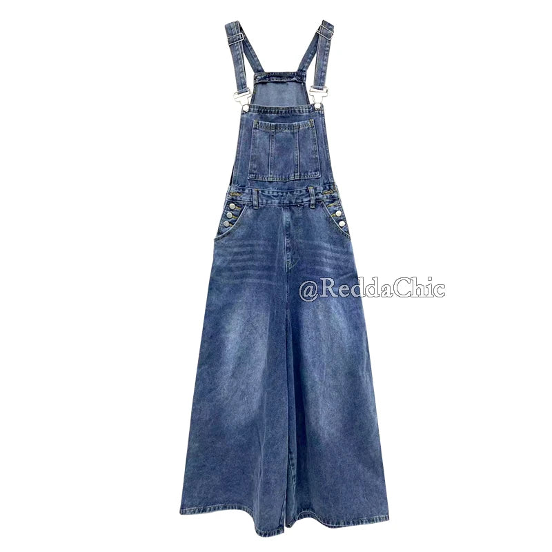 ReddaChic Women's Wide Leg Denim Overalls Casual Chic Autumn Winter Romper Loose Floor-Length Jumpsuit Jeans Trousers Rompers