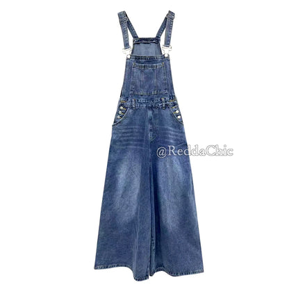 ReddaChic Women's Wide Leg Denim Overalls Casual Chic Autumn Winter Romper Loose Floor-Length Jumpsuit Jeans Trousers Rompers