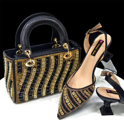 2025 Shiny Italian Fashion Pointed Toe Women Heel Fashion Rhinestone Decoration Fuchsia Color Shoes And Bag Set