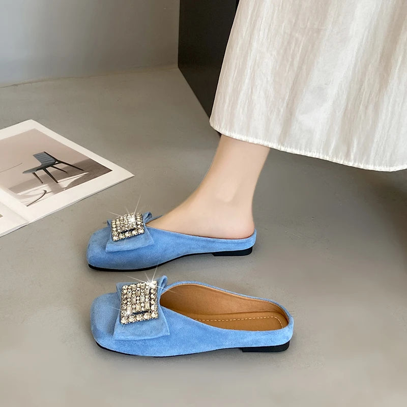 Women's Flat Shoes Korean Style Square Toe Moccasins Ladies Footwear 2025 Trend Young Summer Chic and Elegant Luxury Brand