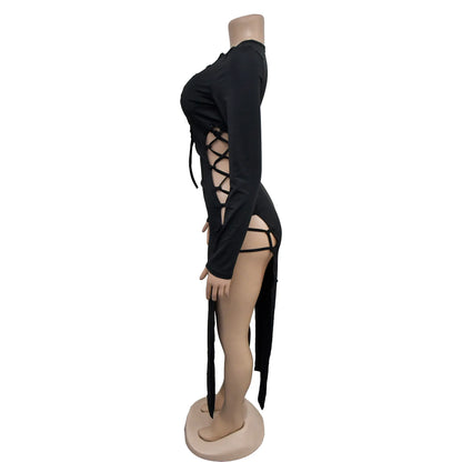 HLJ Sexy Solid Hollow Out Bandage Slit Bodycon Mid Dresses Women Round Neck Long Sleeve Slim Vestidos Fashion Party Club Clothes