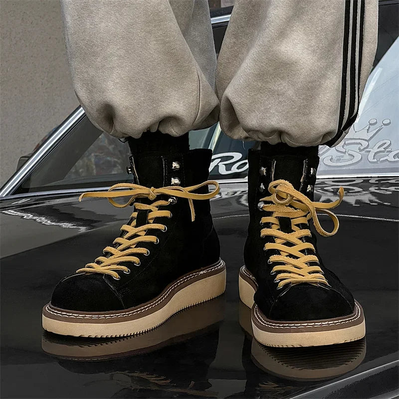 New High Quality Handmad Men Luxury Real Cow Suede Leather Shoes Tooling Ankle Boots Desert Platform Boots Work Motorcycle Boots