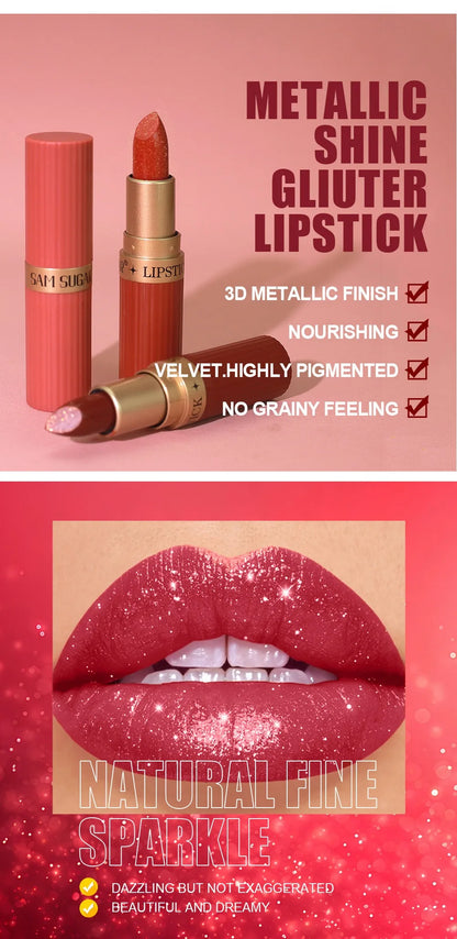 Pearlescent Pink Glitter Velvet Lipstick Metallic Waterproof Long Lasting Matte Shimmer Diamond Lipstick Women Makeup Cosmetic