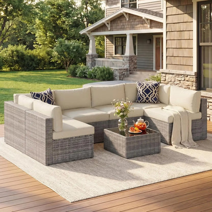 7 Pieces Wicker Outdoor Patio Furniture Set | Patio Sectional Sofa with Coffee Table, All-Weather Outdoor Sectional, Custom