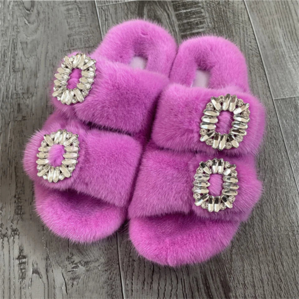 2025 New Women Fur Slippers Shoes Women Warm Winter Crystal Fur Shoes For Women Slippers Casual Plush Comfortable Mink Slippers
