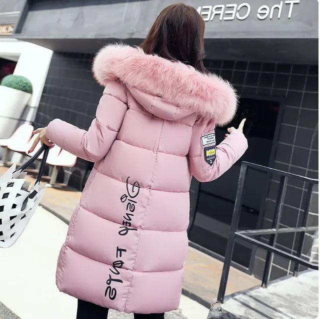 Women Winter Fur Collar Hooded Parka Coats Fashion Letter Patch Zipper Long Jacket Elegant Slim Warm Thick Female Snow Outerwear