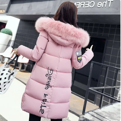 Women Winter Fur Collar Hooded Parka Coats Fashion Letter Patch Zipper Long Jacket Elegant Slim Warm Thick Female Snow Outerwear