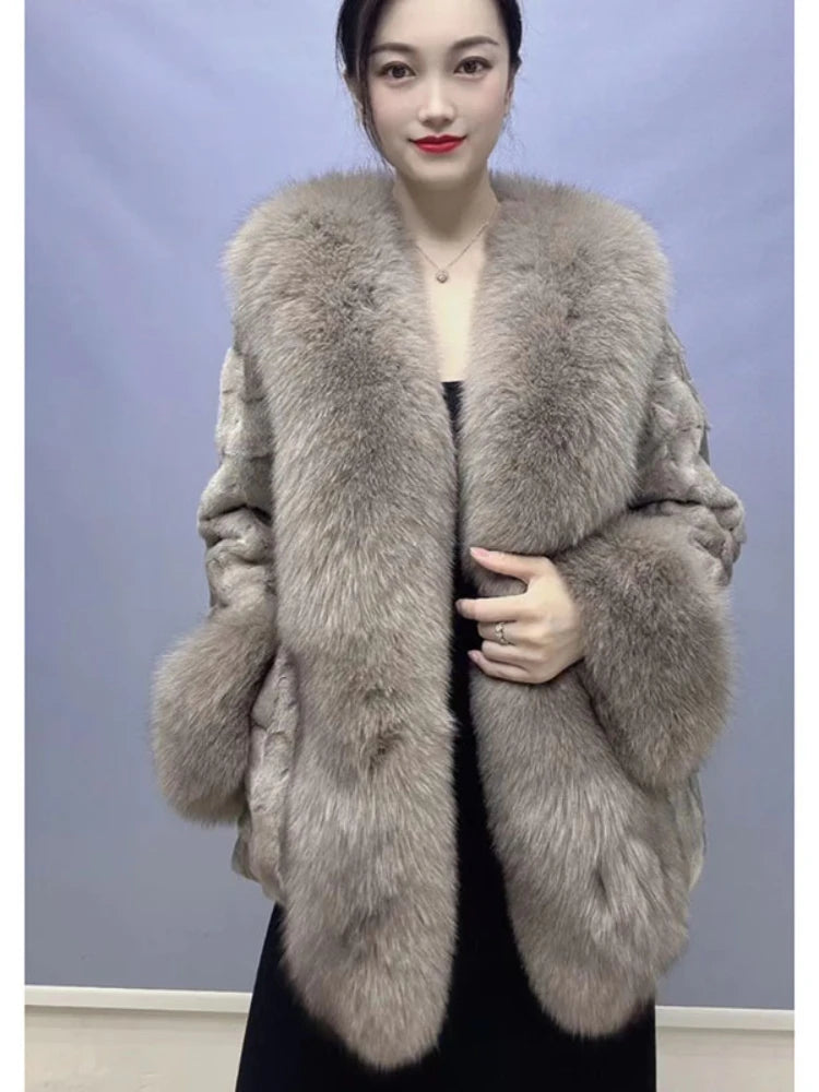 OFTBUY 2023 New Autumn Winter Women Real Mink Fur Outerwear Big Collar Coat High Quality Luxury Warm Middle Length Cardigan