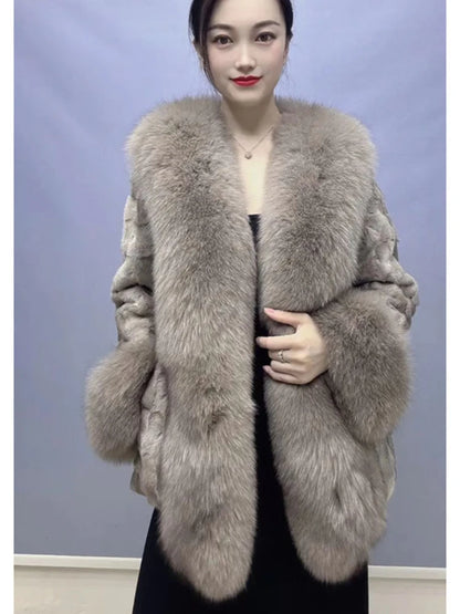 OFTBUY 2023 New Autumn Winter Women Real Mink Fur Outerwear Big Collar Coat High Quality Luxury Warm Middle Length Cardigan