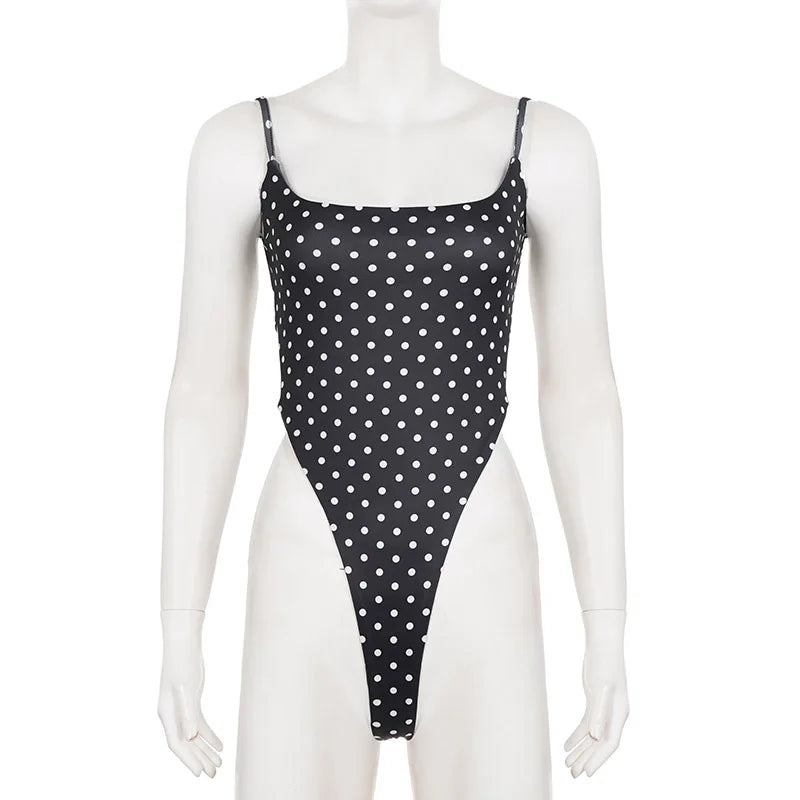 SUCHCUTE Sexy Polka-dot Print Backless Jumpsuit For Women Y2k Aesthetic Rompers Party Club Bodysuits Summer One-piece Suit Chic