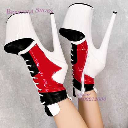 Black Red Sports Leather Platform Heels Women Pole Dance 20Cm Sexy Lace Zipper Round Cover Boots Short Ankle White Graffiti Shoe