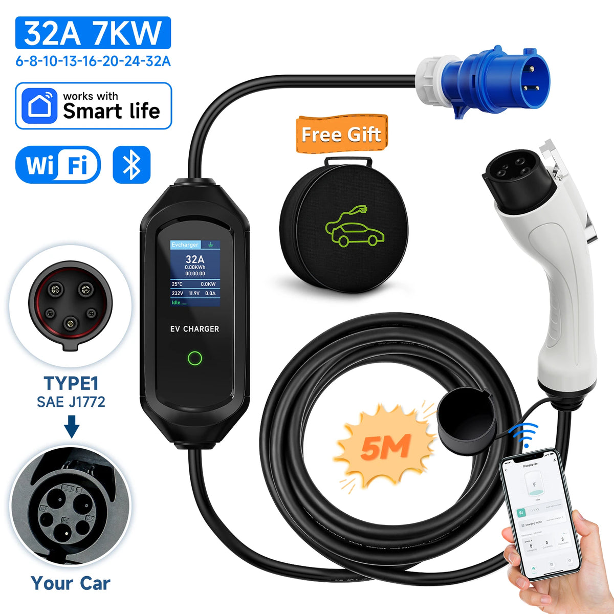 AFEEV Type 2 Portable EV Charger 7KW 32A 1Phase Wallbox Type1/GBT EVSE Fast Charging Cable CEE Plug APP Bluetooth Control