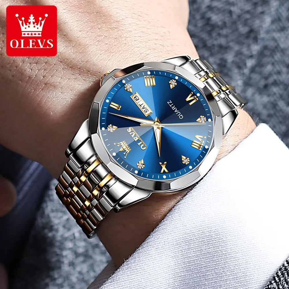 OLEVS Original Waterproof Men's Watches Diamond Mirror Quartz Watch for Man Luminous Stainless Steel Wristwatch Male Date Week