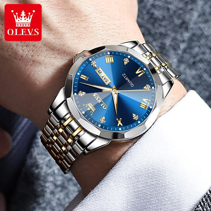 OLEVS Original Waterproof Men's Watches Diamond Mirror Quartz Watch for Man Luminous Stainless Steel Wristwatch Male Date Week