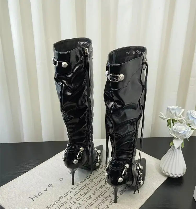 ZAROY Thin High Heels Knee-high Boots Women Winter Shoes Designer Tassels Rivet Side Zippers Sexy Pointed Toe Punk Long Booties