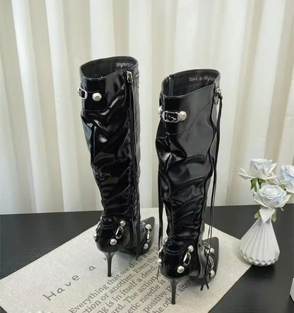 ZAROY Thin High Heels Knee-high Boots Women Winter Shoes Designer Tassels Rivet Side Zippers Sexy Pointed Toe Punk Long Booties