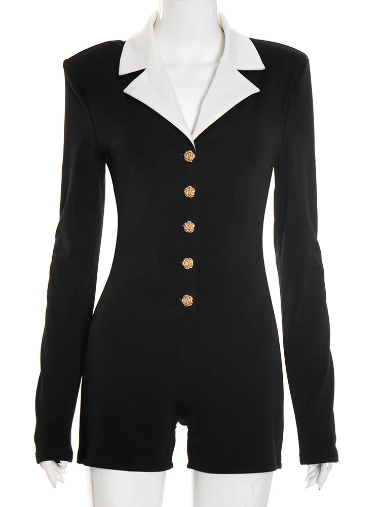 Weird Puss Elegant Lapel Patchwork Playsuits Women Hipster Long Sleeve Rose Button Stretch Activity Party Club Hipster Romper