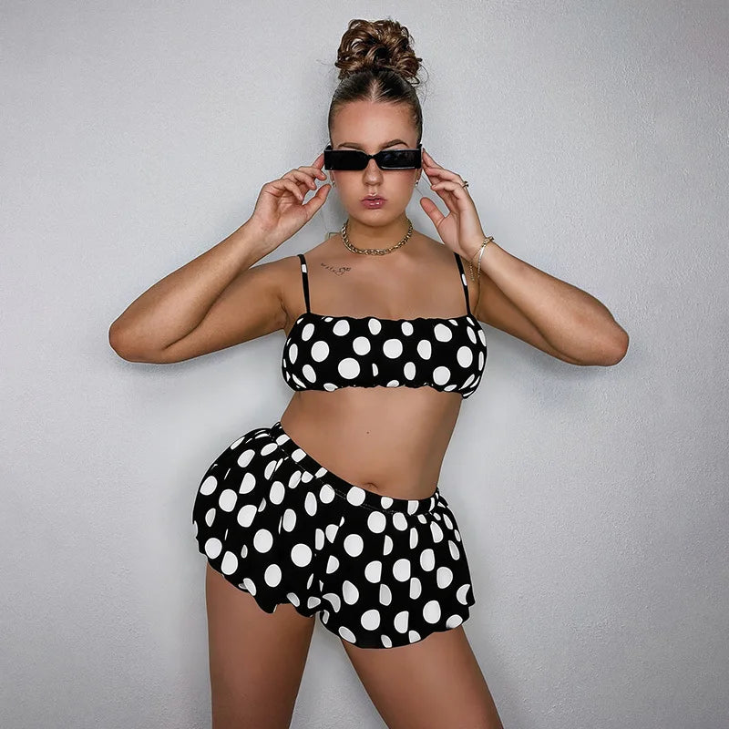 FAGADOER Retro Polka Dot Two Piece Sets Spaghetti Strap Ruched Crop Top + Bubble Puff Shorts Outfits Women Holidays Suits