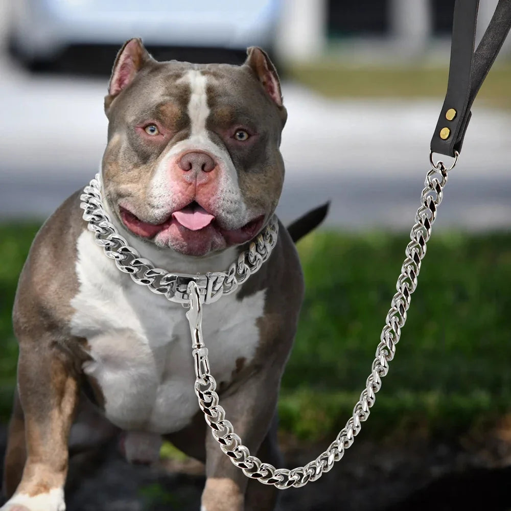 Traction Solid Super Strong Gold Collar Stainles Steel Dog Leash Pet Lead Chain 32mm 19mm Bulldog Pitbull Large Dog Collar Leash