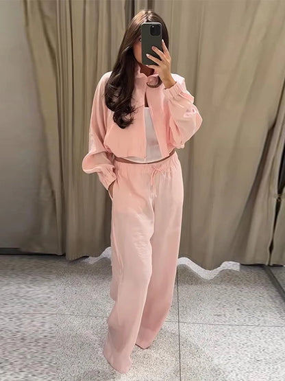 Stand Collar Thin Cropped Coats Pants Suits Women Street Lantern Long Sleeve Zipper Loose Tops Drawstring Wide Leg Trousers Sets