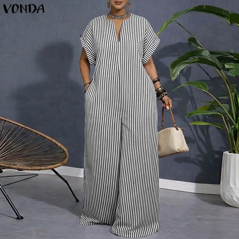 Plus Size VONDA Women Jumpsuits Summer Fashion Short Sleeve Stripe Jumpsuits Wide Leg Pants V Neck OL Party Overalls Playsuits