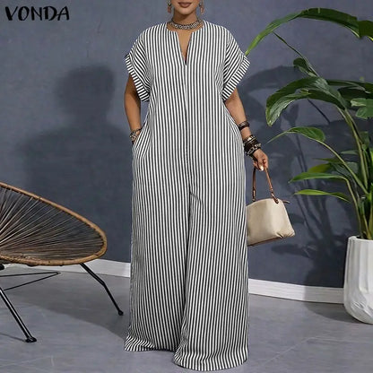 Plus Size VONDA Women Jumpsuits Summer Fashion Short Sleeve Stripe Jumpsuits Wide Leg Pants V Neck OL Party Overalls Playsuits
