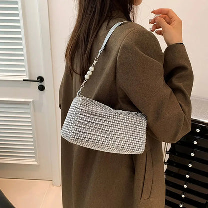 Allover Rhinestone Bucket Bag Waterproof Lightweight Women Crossbody Bag Mini All-match Glitter Chain Prom Purse for Ladies