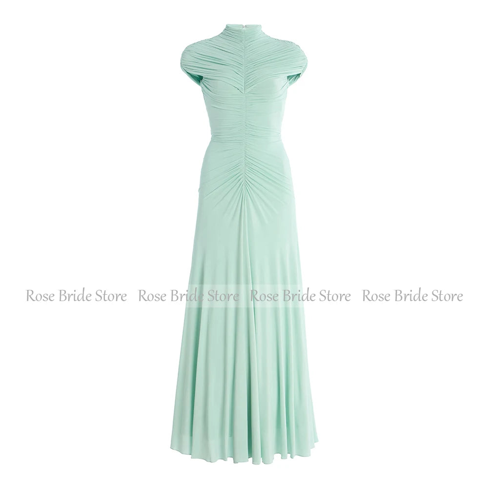 Mint Formal Party Dress Maxi Pleated Spandex Tulle High Collar Mermaid Evening Gowns for Women Cap Sleeve Ankle Length Prom Gown