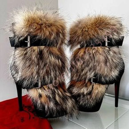 Winter Platform Belt Buckle Soft Fur Short Boots Fashion Show Party Casual Furry Boots New Sexy Women's Stiletto Warm Boots