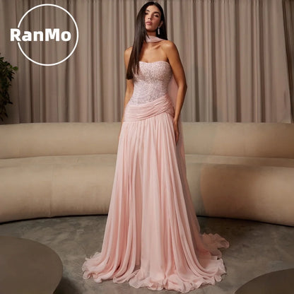 Ranmo Customized A-line Chiffon Beaded Floor-Length Bespoke Occasion Evening Elegant Party Strapless Corset Sleeveless Prom Gown