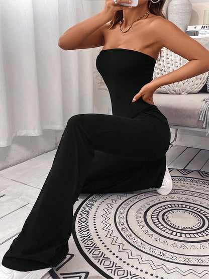 2024 Summer New Women's Drawstring Waist Jumpsuit Pants Leisure Lift Buttocks Slim Micro-Flare Jumpsuit Pants