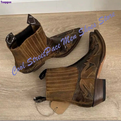 Vintage Embroidery Western Cowboy Ankle Boots Men Distressed Washed Leather Pointed Elastic Slip On Chelsea Boots Low Block Heel