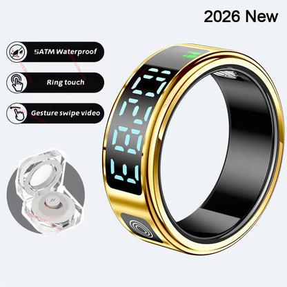 2026 R12 Smart Ring with Display Screen and Touch, Wireless Charging, Health Manager 5ATM Waterproof For Men Women Smartring New