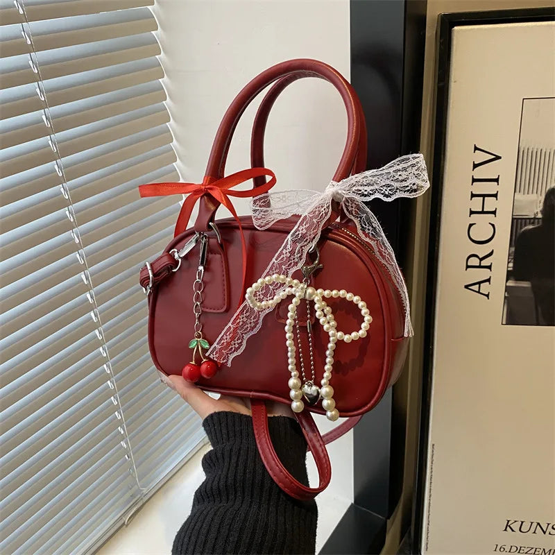 Vintage Leopard Pu Shoulder Bags for Women Portable Trendy Ladies Crossbody Bag Lace Pearl Pendant Female Bowling Handbags