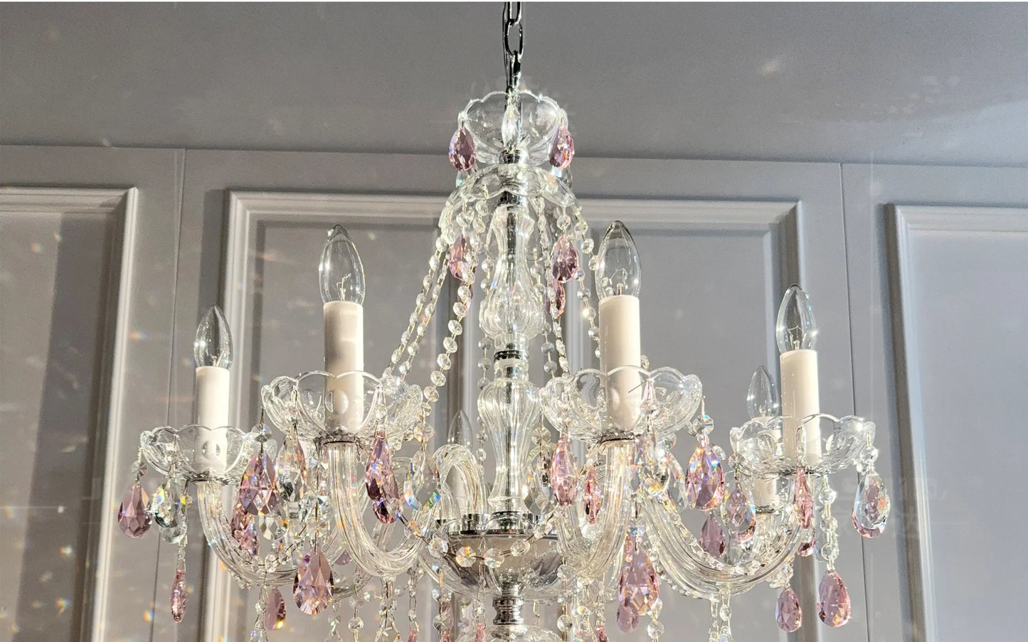 French Romantic Crysatl Candle Chandelier Luxury Glass Pink E14 Pendant Lights Living Room Art Decor Led Lamparas Bedroom Lamp