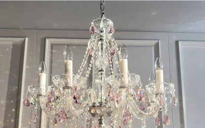 French Romantic Crysatl Candle Chandelier Luxury Glass Pink E14 Pendant Lights Living Room Art Decor Led Lamparas Bedroom Lamp