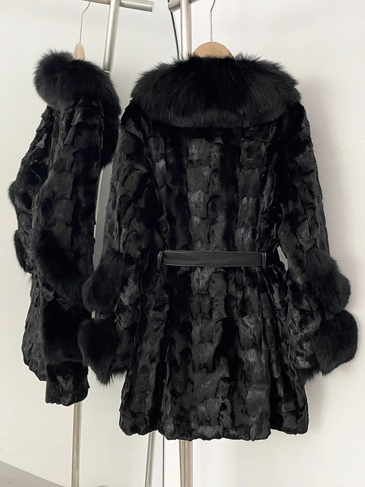OFTBUY New Winter Thickened Warm Clothes Female Mid-length Leather Belt Real Mink Fur Coat Women Black Natural Fox Fur Jacket