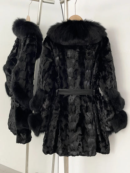 OFTBUY New Winter Thickened Warm Clothes Female Mid-length Leather Belt Real Mink Fur Coat Women Black Natural Fox Fur Jacket