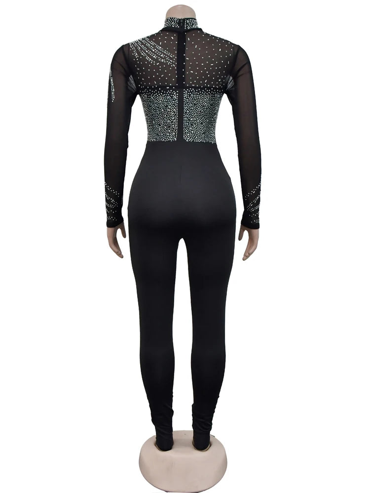 Beyprern Women's Sheer Mesh Crystal Jumpsuits One Piece Outfits Glam Fitted Long Sleeve Pearls Rhinestone Rompers Club Overalls