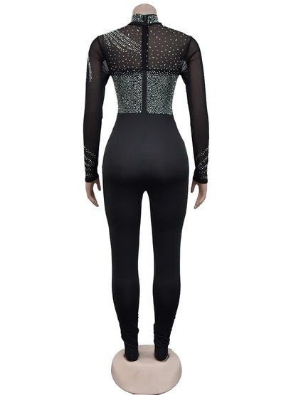Beyprern Women's Sheer Mesh Crystal Jumpsuits One Piece Outfits Glam Fitted Long Sleeve Pearls Rhinestone Rompers Club Overalls
