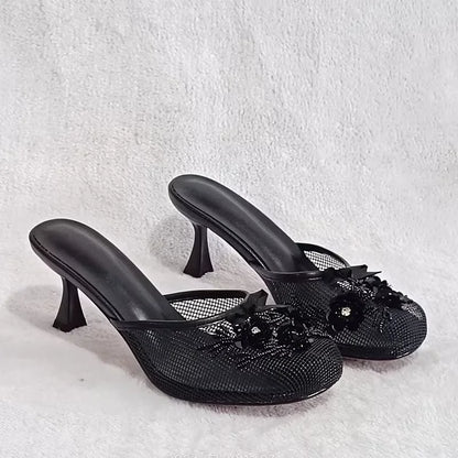 Summer mesh flower beads women slide sexy thin heel sandal