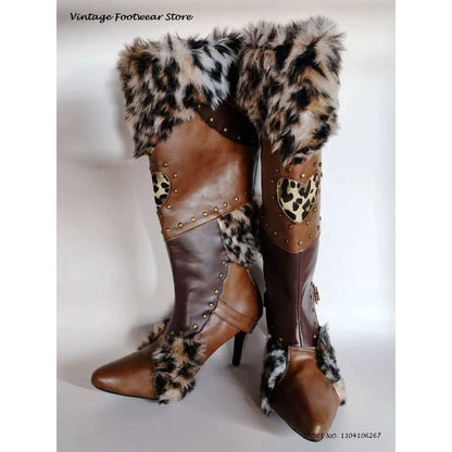Leopard Faux Fur Studded Knee Boots Vintage Splicing Pointed Toe Thin Heels Trendy Shoes Autumn Winter Plus Size Warm Snow Boots