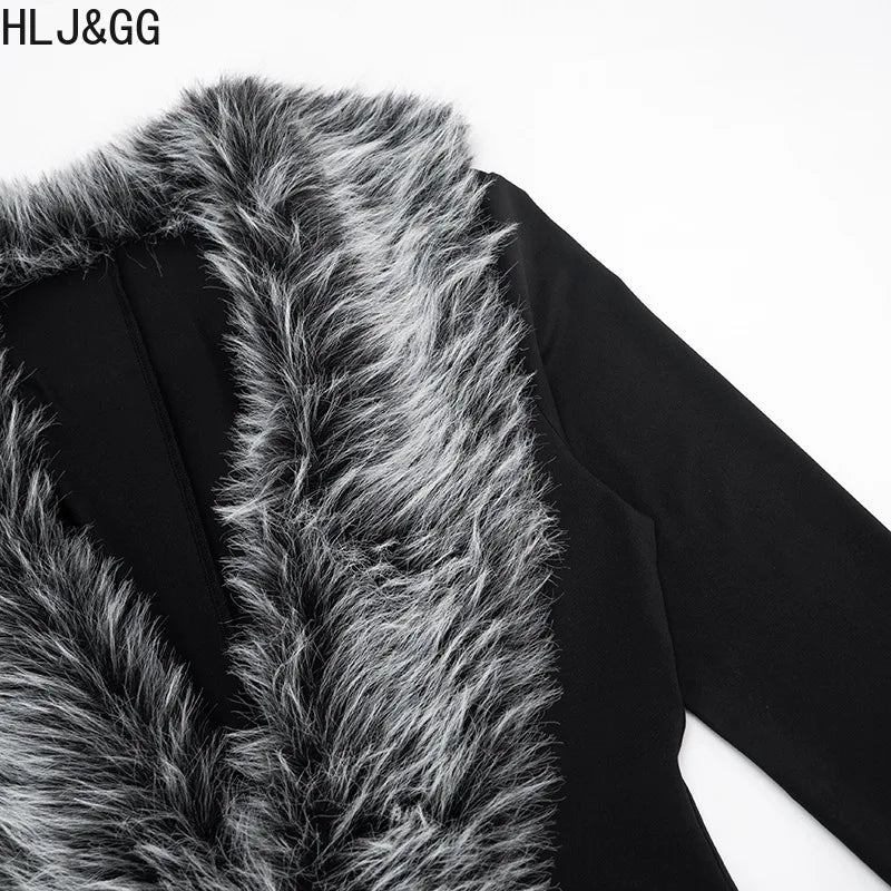 HLJ&GG Black Sexy Fur Splicing Deep V Bodycon One Piece Rompers Women Long Sleeve Slim Jumpsuits Fashion Streetwear With Belt