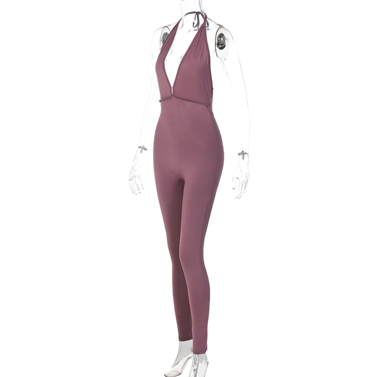 DGLUKE Halter Neck Backless Sexy Bodysuit Jumpsuits For Women Deep V-Neck Push Up Sports Jumpsuit Overalls Tight Summer Playsuit