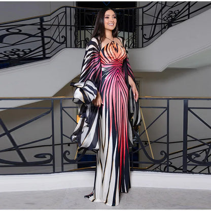 Chic Gradient Stripe Halter Dress Women Butterfly Sleeve Backless Slim Floor-length Dresses 2026 New Lady Party Evening Gown ﻿
