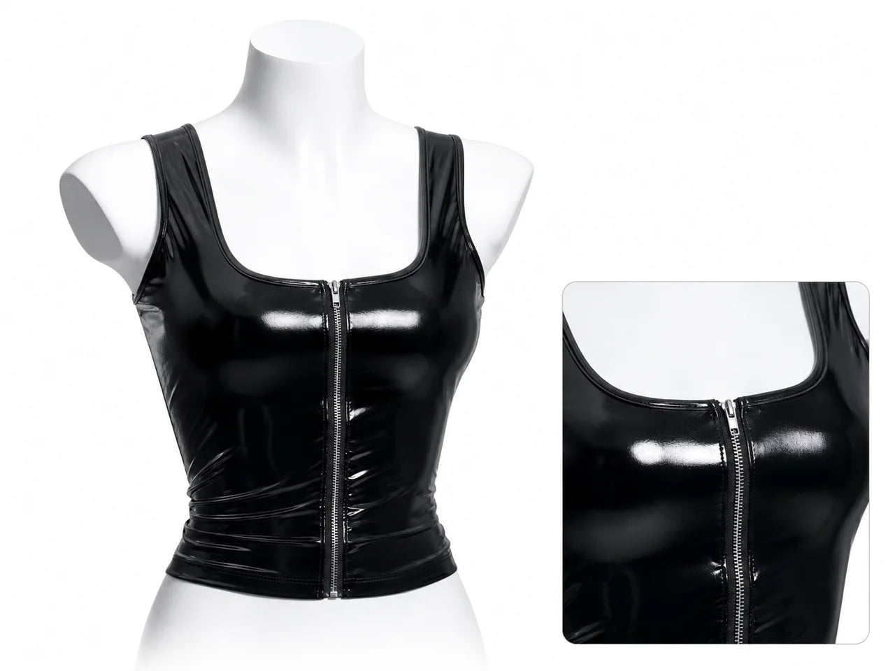 Women's Shiny Leather Tank Top Wet Look Zipper Sleeveless Faux Latex Short Vest Sexy Clubwear Fashion Customizable Top